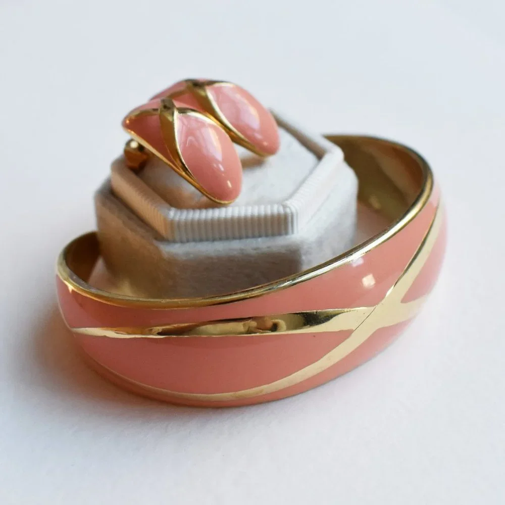 Blush orange enamel stud earrings, cuff bangle bracelet, gold summer jewelry set